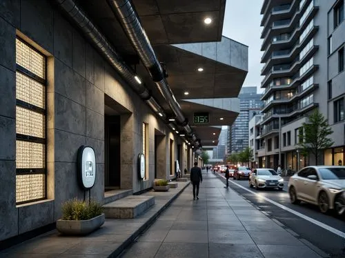 Raw concrete walls, exposed ductwork, industrial-style lighting, brutalist architectural design, urban cityscape, busy street traffic, electric vehicle charging points, metallic accents, futuristic te