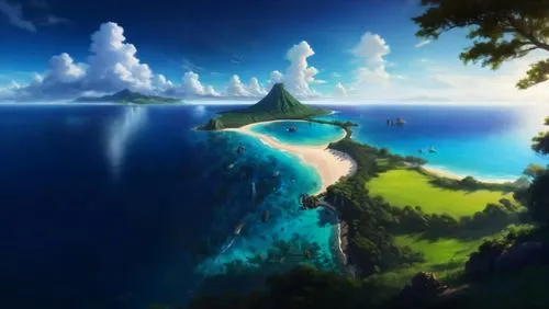 an island far away landscape,kei islands,alfheim,neverland,island,the island,landscape background,mushroom island,flying island,islands,island suspended,paradis,islet,ocean paradise,hoenn,delight island,emerald sea,dolphin coast,cartoon video game background,tropical sea