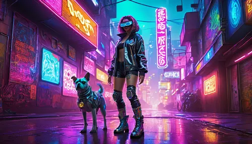 cyberpunk,nerve,streampunk,cyber,rain cats and dogs,neon human resources,dog street,neon,valerian,futuristic,dystopia,dystopian,pedestrians,neon lights,neon arrows,pedestrian,walking in the rain,doberman,laika,cyber glasses,Illustration,Realistic Fantasy,Realistic Fantasy 38