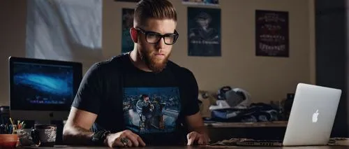 Bro coding, Brantley Gilbert, young adult male, messy brown hair, black-framed glasses, casual wear, graphic t-shirt, ripped jeans, sneakers, MacBook, multiple screens, cluttered desk, coffee cup, sna