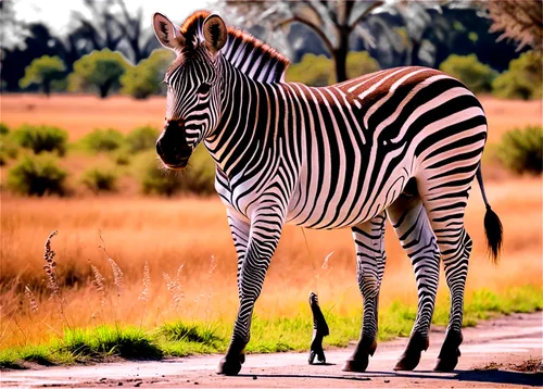 Wildlife, zebra, standing, adult, black and white stripes, detailed fur texture, muscular legs, hooves, alert ears, bright eyes, natural habitat, savannah grassland, warm sunlight, shallow depth of fi