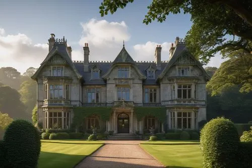 Edwardian architecture house, luxurious mansion, British style, grand entrance, ornate door, stone columns, symmetrical facade, steeply pitched roof, multi-paned windows, intricate stonework, ivy-cove