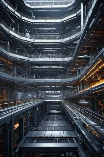 Futuristic component architecture, sleek metallic structure, intricate circuitry details, LED lights, wires, microchips, robotic arms, industrial setting, factory background, machinery, conveyer belts