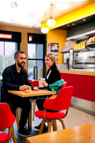 Burger King restaurant interior, modern decoration, bright colors, warm lighting, comfortable seating area, wooden tables, red chairs, glass counters, stainless steel kitchen equipment, busy atmospher