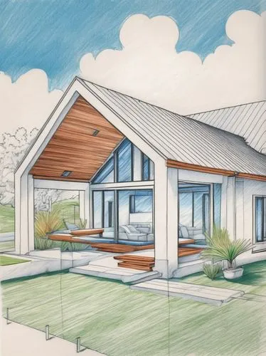 modern house. roof turn to gray roof  and wood turn to brown colors. Grass is green and wibdows is blue/
 All of the sketch made this the markers,house drawing,sketchup,passivhaus,renderings,homebuild