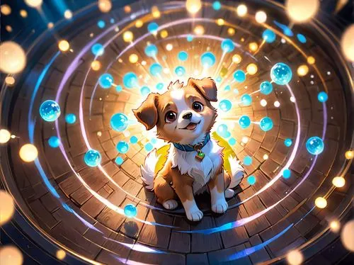 little dog eaiting ,bolt,spiral background,krypto,prism ball,dog angel,sprocket,photon,bokeh,sparapet,background bokeh,dog illustration,wheatley,tron,corona test,bokeh effect,lumen,dogstar,particle,sp