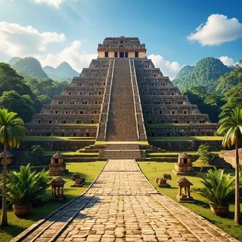 maya empire pyramid , forest , village ,the great pyramid is built into the land near the mountain,tikal,palenque,mesoamerica,mesoamerican,kukulkan,azteca,chichen itza,aztec,aztecas,yucatan,xunantunic