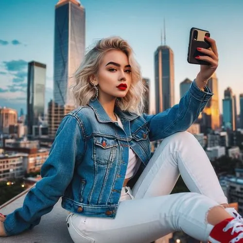 a girl with a camera,the blonde photographer,taking photo,woman holding a smartphone,taking photos,denim jacket,taking picture,jeans background,wallis day,city ​​portrait,denim background,photo session at night,htc,social media addiction,mobile camera,phone icon,photo-camera,portrait photographers,photo camera,cool blonde,Illustration,Retro,Retro 25