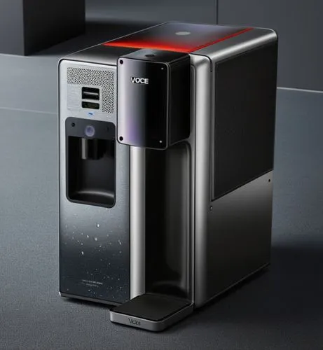 一款饮水机，高端的银灰色质感,a black mini tower has a red light on it,microbrewer,coffee machine,delonghi,coffeemaker,keurig,soda machine,Photography,General,Natural