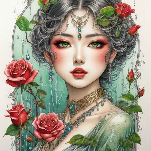 rose flower illustration,oriental princess,rose flower drawing,jasmine blossom,camellia,fantasy portrait,porcelain rose,rose bloom,rosa 'the fairy,camellias,water rose,winter rose,camellia blossom,rosa ' amber cover,flora,oriental girl,amano,geisha,lotus art drawing,disney rose,Conceptual Art,Daily,Daily 17