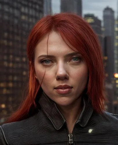 the iconic figure of Scarlett Johansson as a  brave and imposing figure, known for his red hair and piercing turquoise eyes, stands tall in the stands of New York City's iconic skyline. Clad in a slee