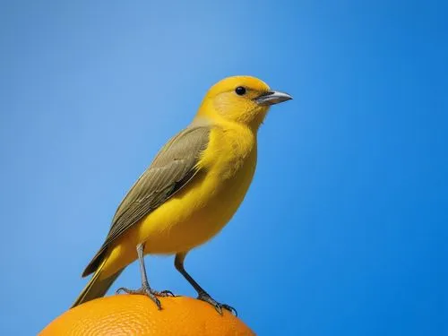 a yellow bird sitting on the top of an orange,canary bird,garrison,yellow robin,yellow finch,yellow weaver bird,saffron finch