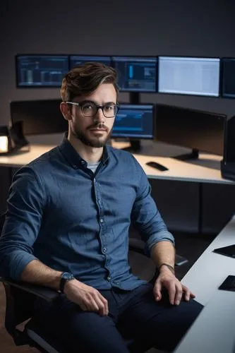 A modern IT specialist, male, 30s, bespectacled, short hair, casual wear, sitting, relaxed posture, in front of a sleek desk, multiple monitors, ergonomic chair, neat and organized workspace, office i