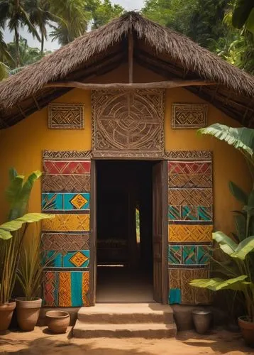 Traditional Ghanaian architecture, intricate patterns, colorful textiles, mud huts, thatched roofs, wooden doors, ornate carvings, vibrant colors, African motifs, Adinkra symbols, Asante gold accents,