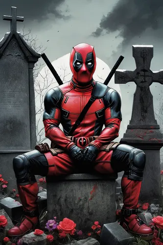 Create a Deadpool drawing with a sarcastic expression in a gloomy graveyard.,dead pool,deadpool,kneel,kneeling,the suit,daredevil,crossbones,superhero background,digital compositing,full hd wallpaper,