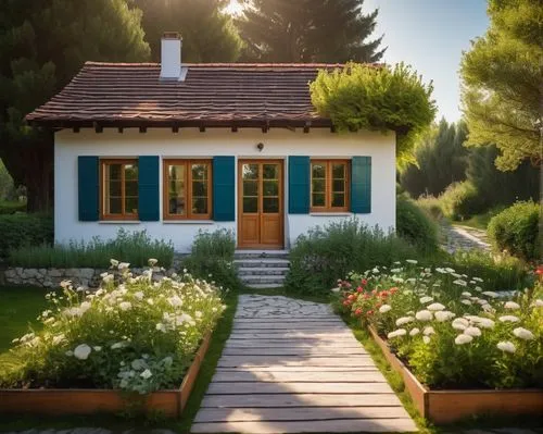 Small house design, cozy cottage, tiny home, modern minimalist, white walls, large windows, wooden floors, sloping roof, greenery surroundings, flowers blooming, bushes trimming, garden path, sunny af