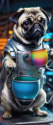 Cute pug, holding a colorful mug, AI robot companion, shiny metal body, glowing blue eyes, futuristic laboratory background, steel tables, various machinery, wires and cables, bright neon lights, 3/4 