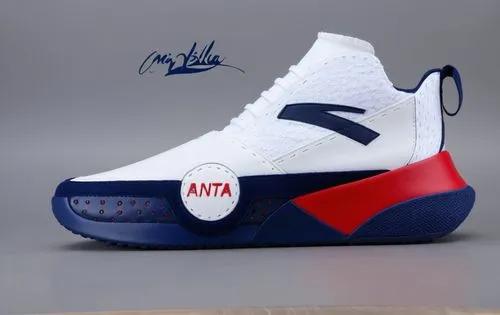 Sock material upper, leather heel spine, stitched logo on vamp, circle patch with ANTA name logo, custom rubber sole with gel inlay, gel trim around toe line, all white, with navy, and red accent colo