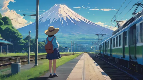 darjeeling,studio ghibli,the girl at the station,train ride,japan landscape,last train,train station,traveler,train,fuji,shinkansen,journey,summer day,track,travel poster,departure,mt fuji,traveling,long-distance train,international trains,Illustration,Japanese style,Japanese Style 14