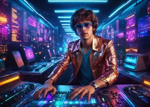 Modern git architecture, futuristic laboratory interior, sleek metallic tables, futuristic computers, holographic screens, coding engineer, young adult male, casual wear, glasses, messy brown hair, in