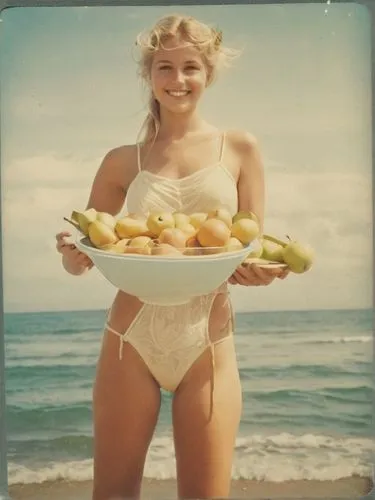 And so the light blonde young lady came up to me like a goddess, smiling brightly and young and carrying the most amazing filled fruit bowl I have ever seen.,a beautiful young blonde wearing a lace bi