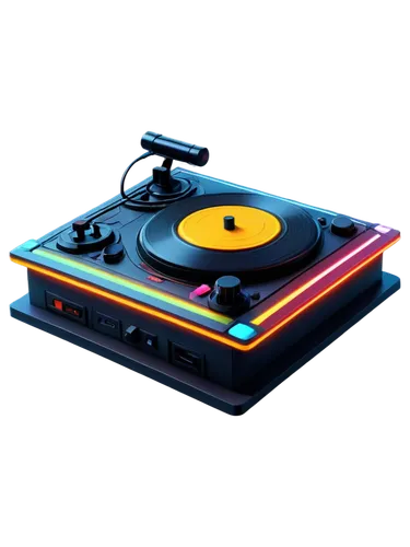 Retro arcade, pixel art, sound waves, colorful blocks, 8-bit graphics, nostalgic feel, glowing neon lights, futuristic console, headphones on, DJ mixing, vinyl records, turntable spinning, vibrant col