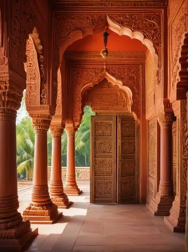 Ancient Indian temple architecture, intricate carvings on stone walls, ornate pillars, vibrant colors, Hindu deity sculptures, golden domes, red sandstone, marble floors, intricate mandalas, Sanskrit 