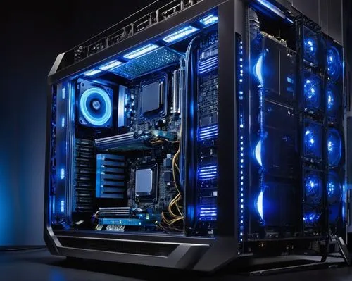 Futuristic memory architecture, sleek modern design, metallic surfaces, neon blue lights, circuit boards, wires, motherboards, CPUs, RAM, hard drives, cooling systems, intricate details, high-tech atm