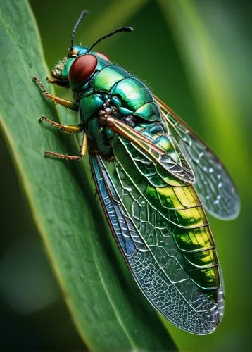 Iridescent cicada, vibrant green body, delicate wings, shining abdomen, perched on a leaf, tropical forest, dense foliage, warm sunlight filtering through trees, misty atmosphere, morning dew, detaile