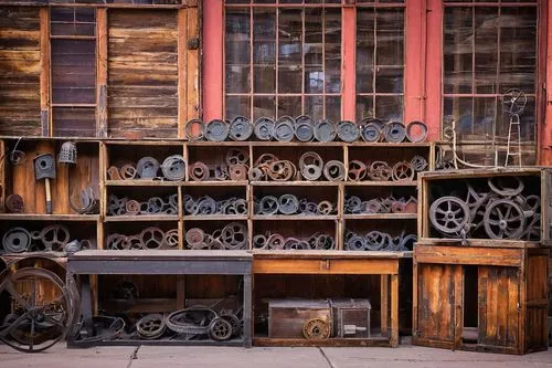 Rustic architectural salvage store, Denver Colorado, vintage distressed wooden signs, reclaimed barn doors, antique metal gears, old factory windows, industrial pipes, distressed brick walls, worn woo