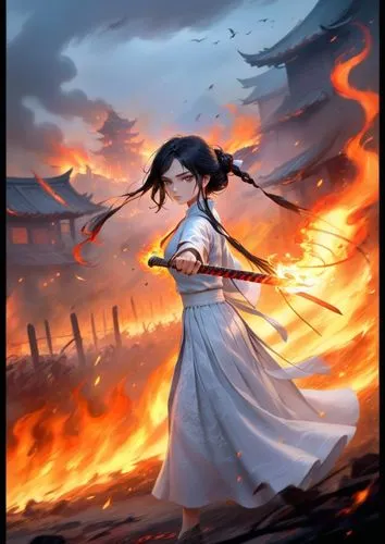 A lone, determined warrior woman in a flowing white qipao, her long, raven hair whipping in the wind, stands defiantly amidst a burning village. A hundred enemy soldiers behind , their eyes filled wit