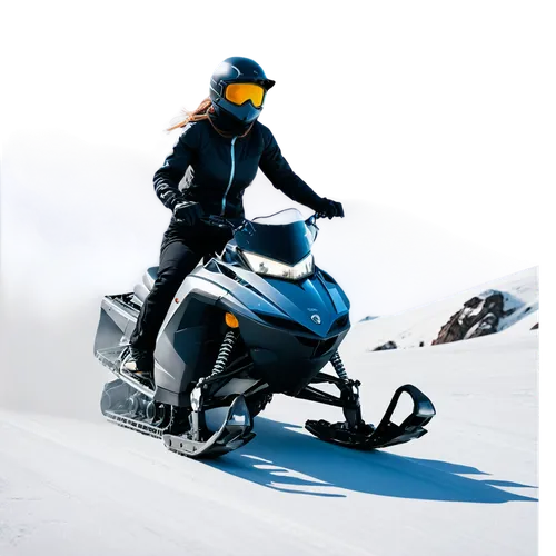 Snowmobile, winter sport, speeding, sleek design, metallic body, headlights on, frozen mist, snow-covered mountains, dynamic pose, low-angle shot, dramatic lighting, cinematic composition, shallow dep