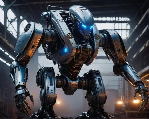 Alien mech, giant robot, futuristic, metallic body, glowing blue eyes, sharp claws, powerful legs, chrome pipes, intricate mechanical details, industrial texture, abandoned factory, dimly lit, atmosph