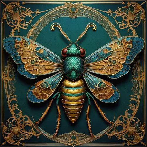 A digitally created artwork featuring a highly stylized and ornate insect-like figure. The design is intricate, with a symmetrical arrangement of decorative elements, including elaborate patterns, cur