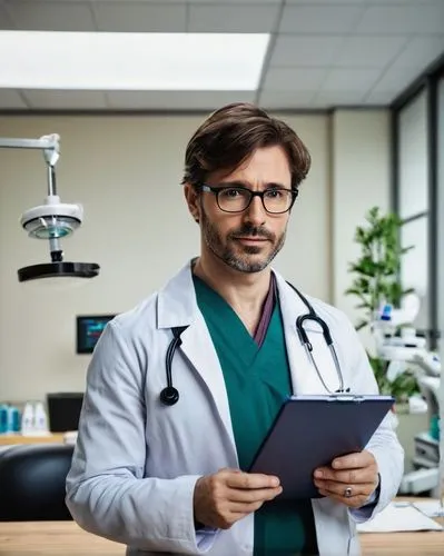 Male doctor, 35-40 years old, gentle facial expression, glasses, short brown hair, white coat, stethoscope around neck, holding a medical chart, standing in a modern hospital room, bright fluorescent 