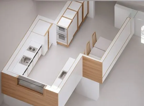 a wood  and white modern kitchen,the kitchen is in the middle of a floor plan,habitaciones,3d rendering,sky apartment,sketchup,inverted cottage,cubic house,floorplan home,lofts,model house,associati,a