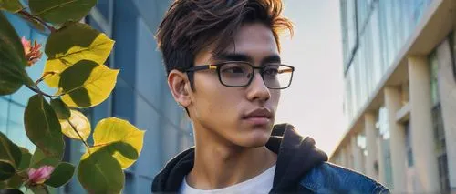 Young adult, male, architecture student, serious expression, black-framed glasses, short messy brown hair, casual wear, blue denim jeans, white graphic t-shirt, black sneakers, holding a large portfol