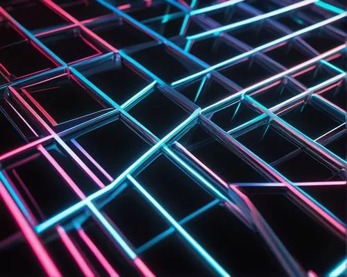 Grid logo, modern, minimalist, 3D, metallic, silver, chrome, reflective, symmetrical, geometric shapes, diagonal lines, abstract, futuristic, tech, digital, neon lights, glowing edges, subtle shading,