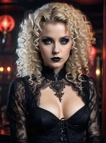 genuine counter-culture image, (masterpiece), best quality, expressive eyes, perfect face, my beautiful Goth Girlfriend , bleached blonde curly hair, 1980s style, quite revealing black lace dress, bla