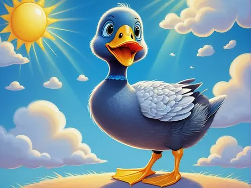 Cartoon blue duck, standing pose, shiny feathers, yellow beak, big round eyes, eyelashes, happy facial expression, webbed feet, sparkles around, children's book illustration style, bright blue backgro