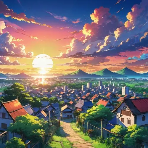 violet evergarden,landscape background,dusk background,butka,shinbo,bright sun,hisaishi,summer background,scenery,nouaimi,kotoko,summer sky,reminiscence,summer evening,japan landscape,beauty scene,sceneries,world end,scenically,yoshikuni,Illustration,Japanese style,Japanese Style 03