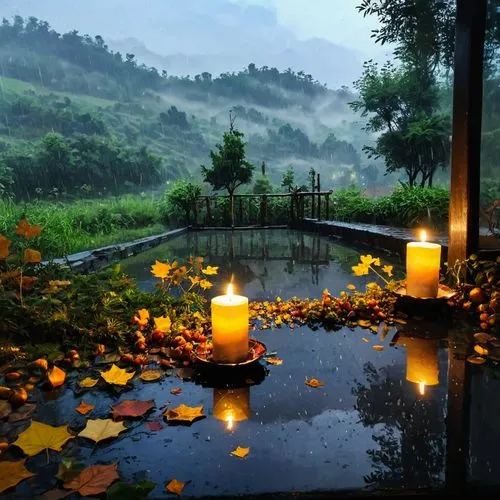 guizhou,tea lights,sichuan,yunnan,candlelights,wuyuan,tea light,candlelit,monsoon,lotus pond,chuseok,candle light,onsen,shaoming,candlelight,vietnam,tea candles,hotspring,xiangshan,romantic scene,Illustration,Japanese style,Japanese Style 16