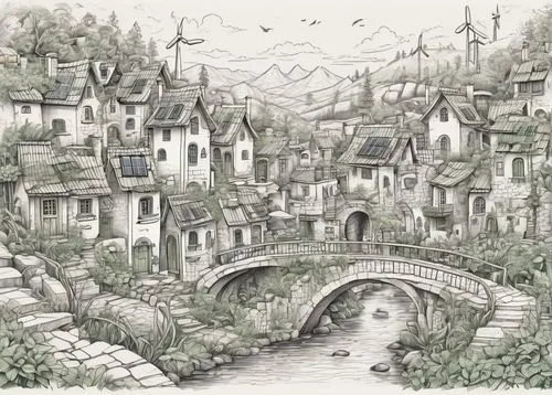 gondolin,rivendell,nargothrond,riftwar,escher village,medieval town,knight village,alpine village,fairy village,hallstatt,aurora village,eltz,highstein,ancient city,bibury,bellairs,adolfsson,mountain village,rivertown,canterville,Illustration,Black and White,Black and White 05