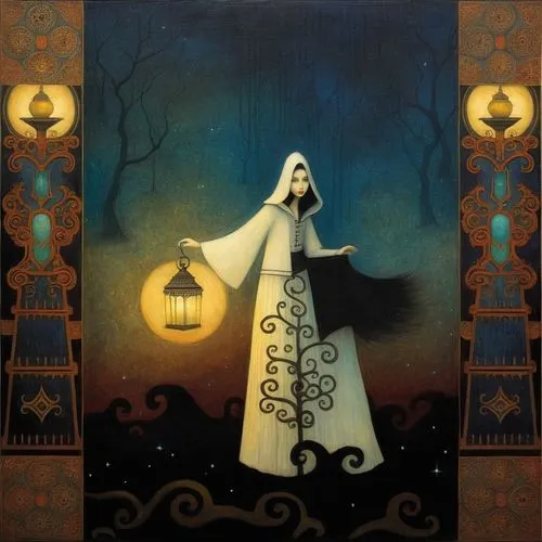 the arabian ghost with lantern and light in her hands,obatala,arabic background,samhain,abaya,dolorosa,the nun,Illustration,Abstract Fantasy,Abstract Fantasy 09