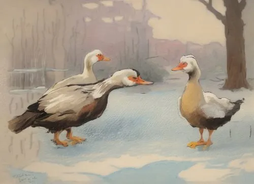 a pair of geese,greylag geese,winter chickens,geese,wild geese,snow goose,herring gulls,greylag goose,goslings,st martin's day goose,canada geese,pair of pigeons,wild ducks,two pigeons,bird painting,white pigeons,tula fighting goose,duck females,snow scene,arctic birds,Common,Common,Natural
