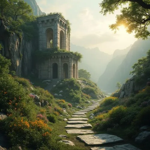 rivendell,fantasy landscape,the mystical path,nargothrond,meteora,ancient city,hiking path,theed,fantasy picture,walhalla,shaoming,cliffside,uncharted,ancient house,gondolin,monasteries,labyrinthian,monastery,wudang,ancient ruins,Photography,General,Realistic