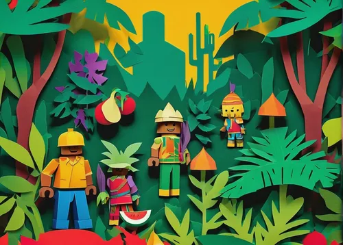 forest workers,kids illustration,forest animals,playmobil,banana trees,farmer in the woods,jungle,game illustration,farm workers,garden work,cartoon forest,gardener,tropical jungle,rainforest,woodland animals,book illustration,happy children playing in the forest,wooden toys,arrowroot family,permaculture,Unique,Paper Cuts,Paper Cuts 07