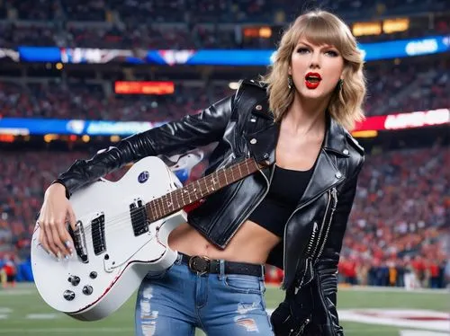 Taylor Swift, Kansas City Chiefs football team, American singer-songwriter, blonde hair, bold red lips, sparkling blue eyes, black leather jacket, white tank top, distressed denim jeans, cowboy boots,