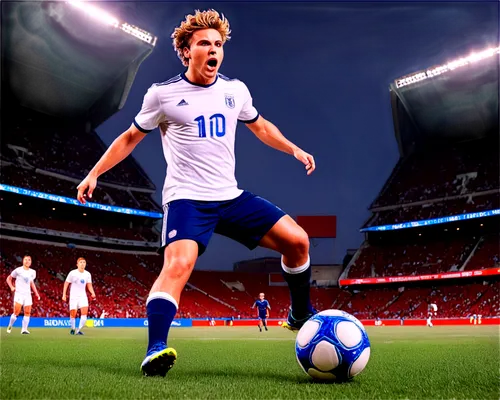 Stadium scene, football player, dynamic pose, sweaty face, messy hair, athletic wear, soccer ball at feet, strong legs, intense eyes, shouting mouth, dramatic lighting, shallow depth of field, low-ang