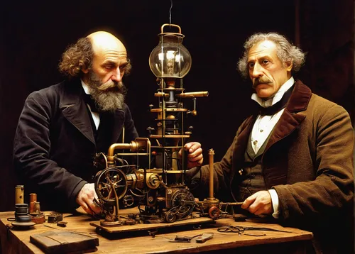 Craft a humorous dialogue between Rei Hance and an eccentric inventor creating wacky contraptions.,scientific instrument,orrery,clockmaker,double head microscope,theoretician physician,experimental mu